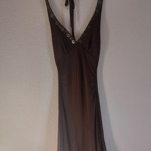 Brown halter top dress with sequence along the v-neck